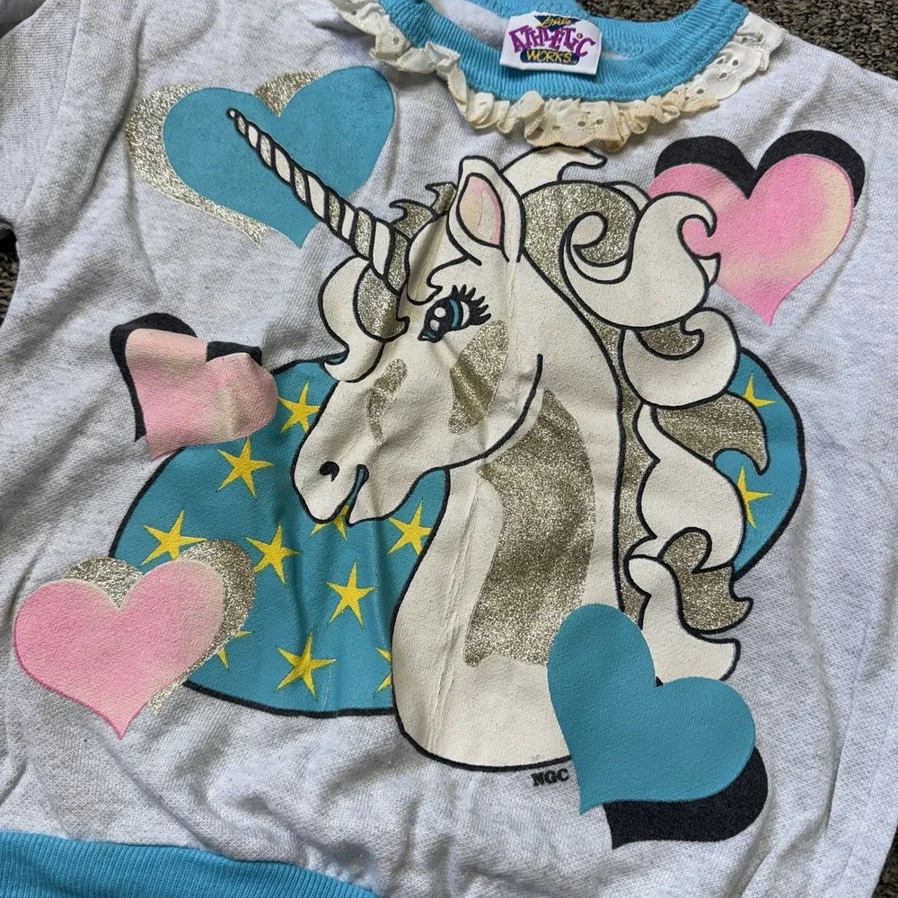 Vintage Girls Athletic Works Unicorn Sweater Hearts Ruffles 80s Size 6 Rare READ